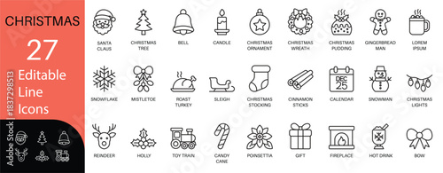 Christmas and New Year Line Icon Set. Contains symbols for Santa, Tree, Gifts, and Snowflakes. Editable vector design for holiday graphics and apps.