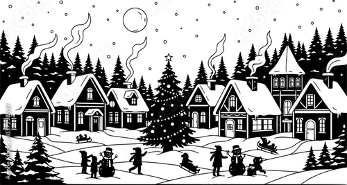 Snowy Christmas Village at Night Winter Scene Black Shape Vector Laser Cutting Engraving Monochrome Print. 
