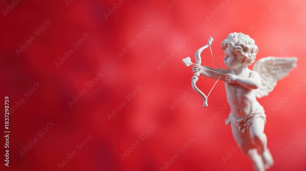 Naklejka premium Sculpture of small angel with bow on red background during daylight