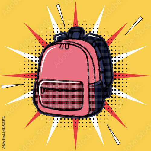 Halftone pop art pink and blue backpack graphic illustration on a vibrant comic sunburst background, Illustration Vector Art