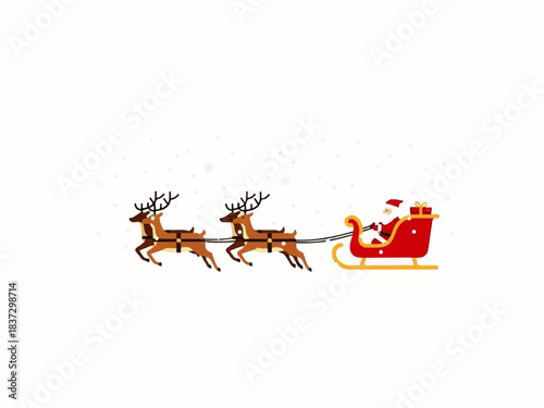 A cartoon illustration of Santa Claus in a red sleigh pulled by two reindeer against a white background with subtle snow.