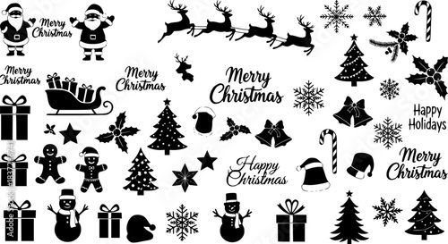 Christmas Vector Icon Set, Background, Black, Isolated. 