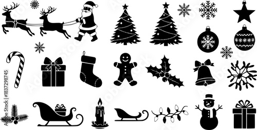 Christmas Vector Icon Set, Background, Black, Isolated. 