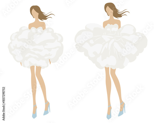 Stylish collection of modern white dresses and evening gowns for women, featuring diverse silhouettes and airy, flowing fabric