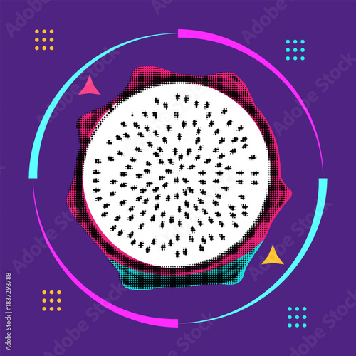 Halftone pop art dragon fruit slice cross-section on a dark, abstract memphis background, Illustration Vector Art
