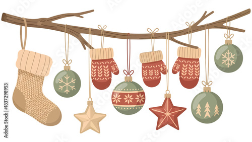 Cozy knitted Christmas stocking, mittens, ornaments, and stars artfully arranged on a rustic branch, evoking festive holiday cheer and winter warmth.