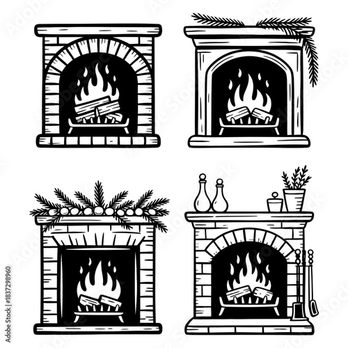 set of fireplace vector illustration