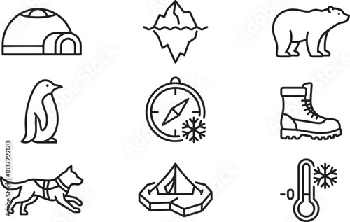 Winter arctic expedition outline icons set cold weather environment and polar animals