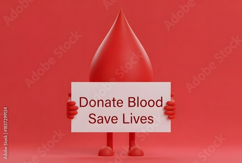 Cute friendly vector of a smiling blood drop mascot holding a “Donate Blood Save Lives” sign on a vibrant red background for health and charity campaigns
