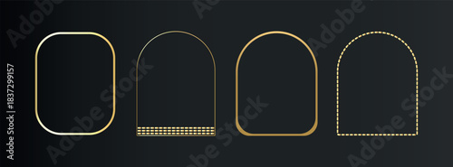 Luxury thin gold frame set in art deco, Islamic style. Premium geometric golden arch on black background. Elegant linear borders for vip, greeting card, wedding invitation. Isolated vector illustratio