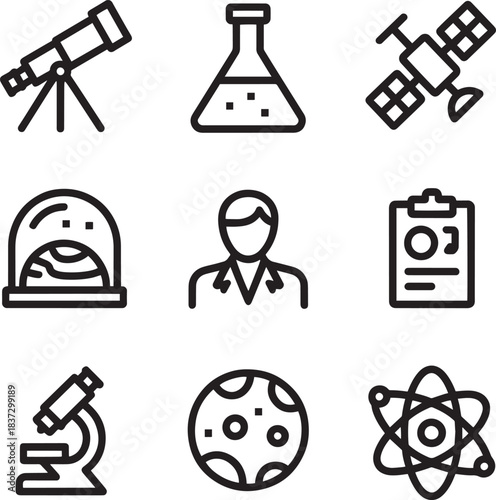 Science and research line icons set showing laboratory equipment and scientific concepts
