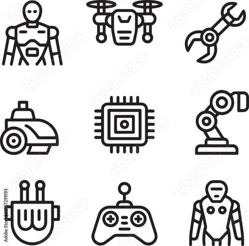 Robotics and artificial intelligence line icons set including humanoid robots drones and chips