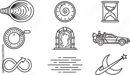 Time travel and fantasy outline icons including hourglass infinity portal delorean