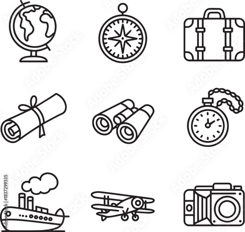 Travel adventure outline icon set, globe compass suitcase scroll binoculars pocket watch submarine plane camera