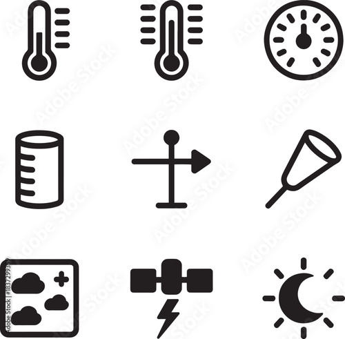 Weather outline icon set, thermometer barometer rain gauge wind direction satellite weather forecast sun moon