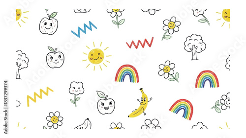 Childlike Cheerfulness: A whimsical world of happy apples, beaming suns, and playful rainbows, rendered in a charming style. Capturing the essence of pure delight and childhood wonder.