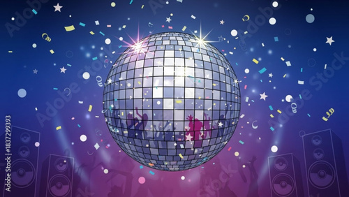 Disco ball reflecting dancing crowd and confetti with speakers