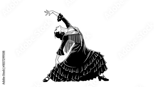 Stunning black and white flamenco dancer striking an elegant, passionate pose showcasing cultural artistry and dramatic movement
