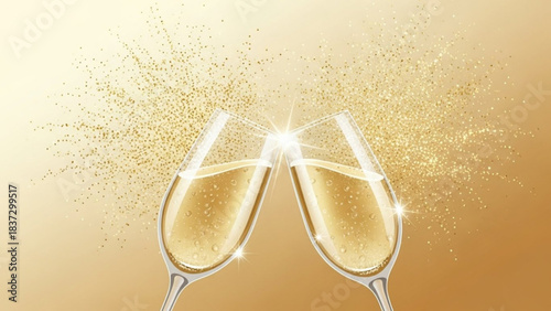 Champagne toast with golden glitter sparkle celebration