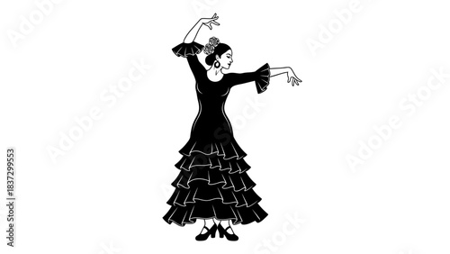 Stunning black silhouette of an elegant flamenco dancer performing with dramatic passion and grace