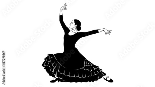 Stunning black and white depiction of a passionate flamenco dancer striking an elegant pose mid performance