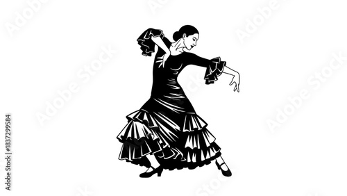 Stunning flamenco dancer in flowing black ruffled dress performing passionate traditional Spanish dance movements