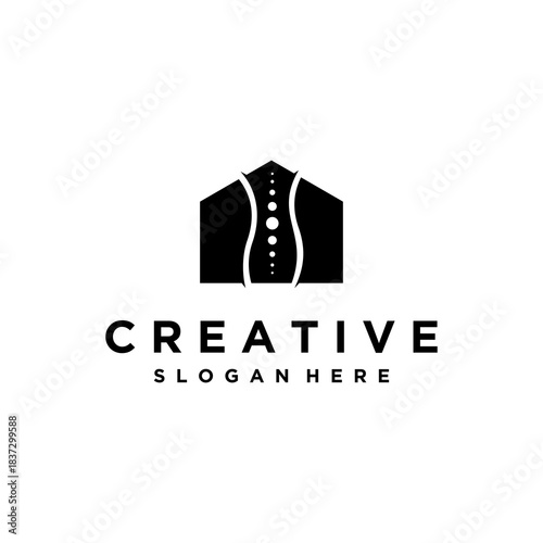 Modern Spine Health Center Logo Design within a House Silhouette, Symbolizing Chiropractic Care and Wellness Services for Home Comfort