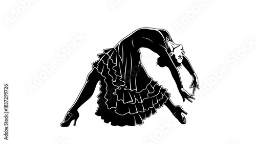 Stunning flamenco dancer silhouette executes a dramatic back arch emphasizing passion and elegant motion in performance