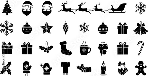 Christmas Vector Icon Set, Background, Black, Isolated. 