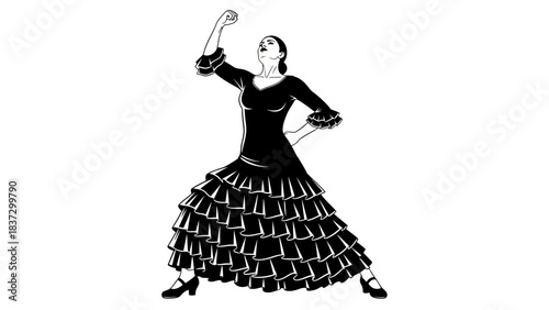 Stunning flamenco dancer strikes a passionate pose with powerful arm gesture in dramatic black and white style