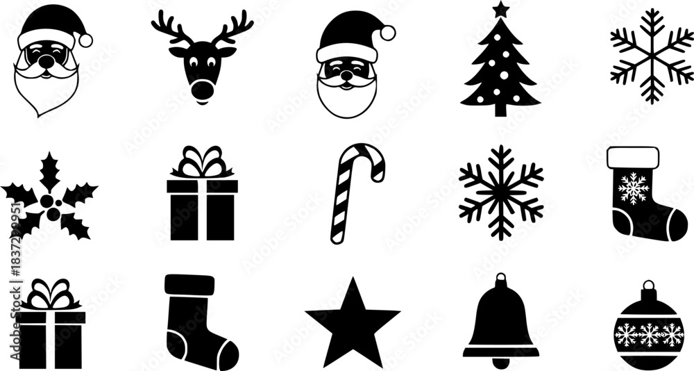 Fototapeta premium Christmas Vector Icon Set, Background, Black, Isolated.