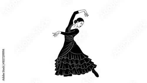 Elegant flamenco dancer striking a passionate pose in a dramatic black ruffled dress illustration