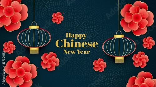 Happy new year celebration night with colorful fireworks, star light design, and festive Chinese new year decoration illustration