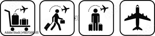 Air travel icon set, black line illustrations, luggage cart, passenger walking, boarding, airplane front view, minimal airport process concept art