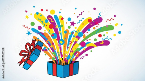 Colorful explosion of confetti and stars erupting from open gift box
