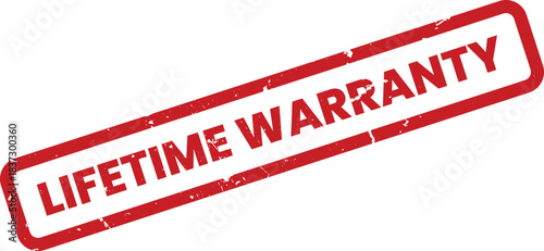 Lifetime Warranty Rubber Stamp with Grunge Texture, Red Ink on White Background. Symbol of Quality Assurance and Long-Term Guarantee for Products.