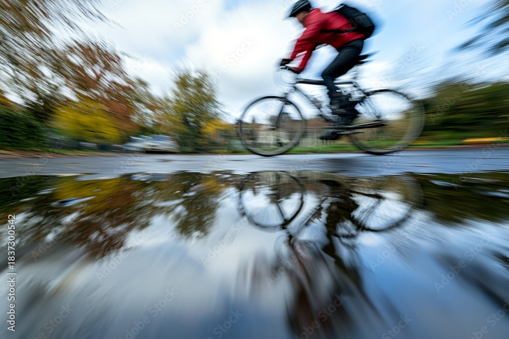 Naklejka premium cyclist motion blur reflected in puddle after rainfall