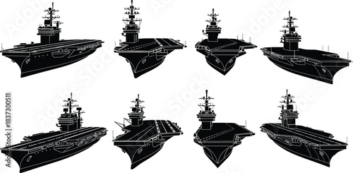 Aircraft carrier silhouette set, naval vessel views, black and white illustration, military ship design, deck structure, radar tower, maritime concept art