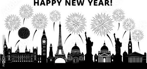 Header: Historische Stadtkulisse mit Silvester-Feuerwerk – HAPPY NEW YEAR!.