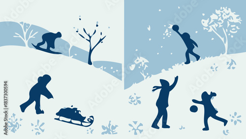 Joyful children silhouette playing dynamic winter games like sledding snowboarding and snowball fights outdoors