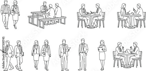 Business interaction illustration set, professional attire scenes, workplace meetings, mobile device use, walking and sitting poses, black and white corporate concept art