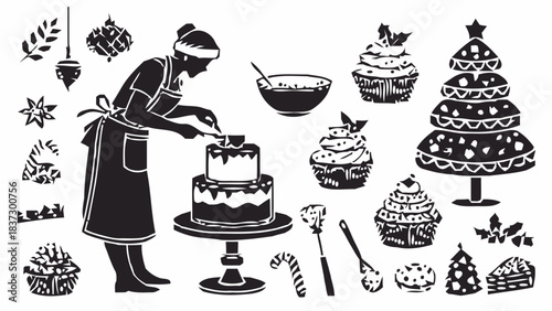 Skilled baker meticulously decorating a tiered holiday cake surrounded by festive Christmas treats and baking elements