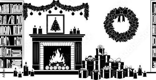 Festive black and white vector art with candles books fireplace logs framed christmas tree gifts garland wreath and holiday ornaments in minimalist silhouette style.