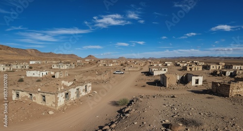 abandoned desert town with crumbling buildings and dirt road under a clear blue sky in remote landscape