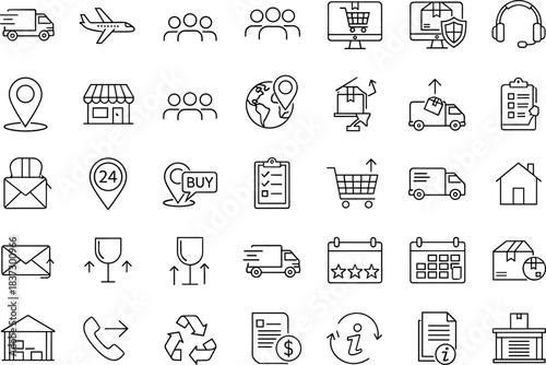 Delivery icons, logistics symbols, ecommerce line art, shipping illustration, online shopping icons, global transport, warehouse services, customer support, product tracking, packaging, store