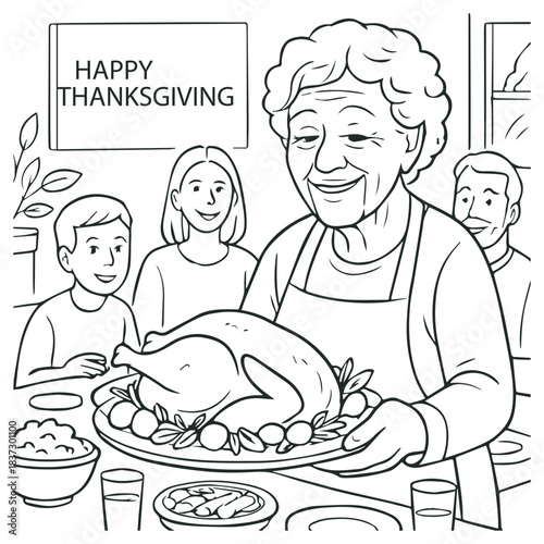 Happy Thanksgiving Family Dinner Coloring Page with Grandmother and Turkey