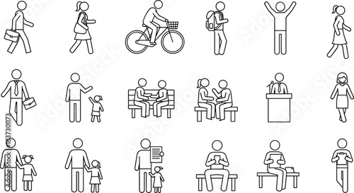 Human activity icon set, black line illustrations, everyday interactions, walking, sitting, talking, parenting, device use, public behavior, minimal design