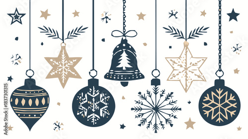 Elegant collection of hanging blue and gold Christmas ornaments and festive winter holiday decorations
