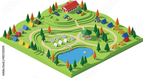 Isometric camping ground illustration with colorful tents, forest trees, lake, cabins, cars and pathways, outdoor adventure campsite map design for travel and tourism projects