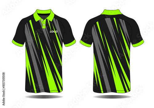 Stylish polo shirt design in black and green with dynamic striped pattern